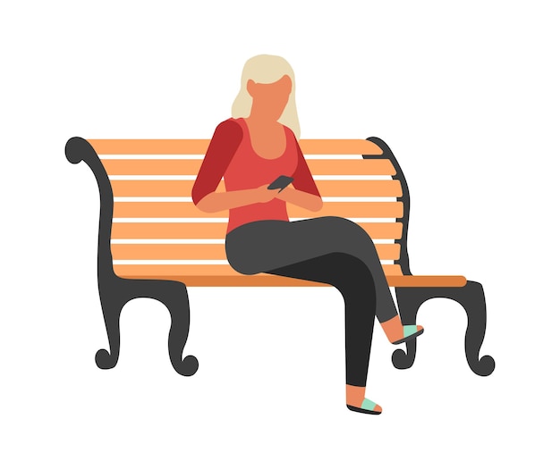 Gente caminando. La mujer se sienta en el banco y escribe el mensaje, estudiante charla, chica joven que sostiene el teléfono inteligente, camina en el parque. Personaje de dibujos animados aislado vector plano