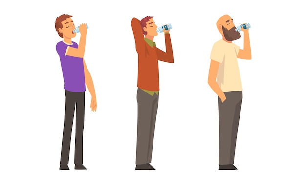 Gente Caracter de pie y bebiendo agua de una botella de plástico Conjunto vectorial