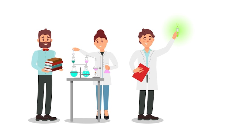 Vector gente caracteres científico en túnica blanca sosteniendo una botella con un conjunto de ilustraciones de vectores líquidos