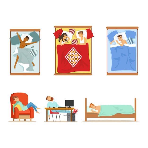 Gente Caracteres durmiendo en diferentes posiciones en varios lugares Conjunto vectorial