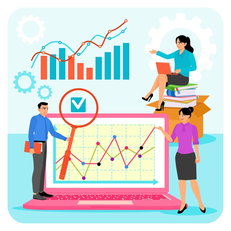 Vector gente caracteres trabajando analizando datos empresariales en la computadora portátil con gráficos y gráficos