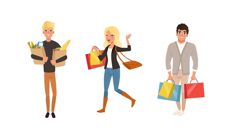 Vector gente con carros de compras y bolsas de juego hombres y mujeres jóvenes alegres comprando en una tienda o centro comercial ilustración vectorial de dibujos animados