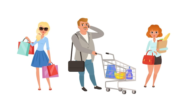 Vector gente con carros de compras y bolsas set hombres y mujeres comprando en una tienda o centro comercial ilustración vectorial de dibujos animados