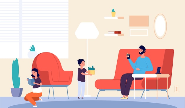 Gente en casa. padre hijo hija en la sala de estar. período de aislamiento o cuarentena. libro de lectura de niña, niño plantando y hombre tomando café. ilustración vectorial. padre con hijo e hija