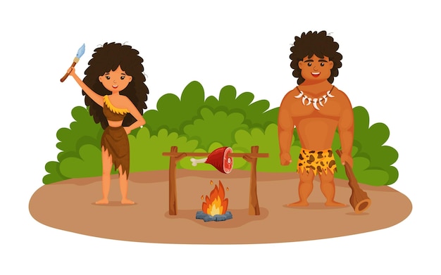 Gente de las cavernas prehistóricas Antiguo primitivo hombre de las cavernas familia herramientas de caza fuego y comida Neanderthal