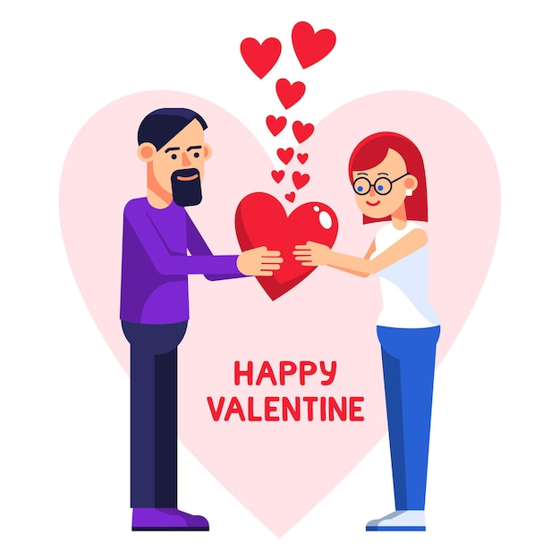 La gente celebra el Día de San Valentín: se regalan un corazón rojo. Ilustración de dibujos animados vectoriales