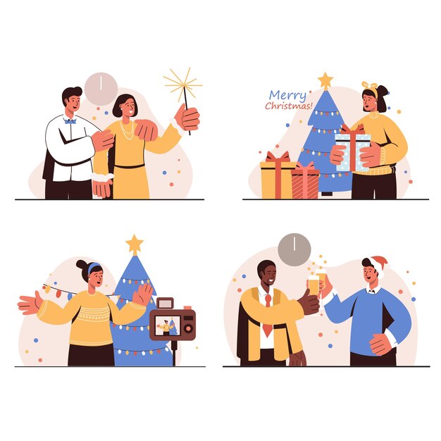 La gente celebra feliz Navidad concepto conjunto de escenas aisladas. Hombres y mujeres divirtiéndose en la fiesta, dando regalos, bebiendo y tomando fotos junto al árbol festivo. Ilustración vectorial en diseño plano