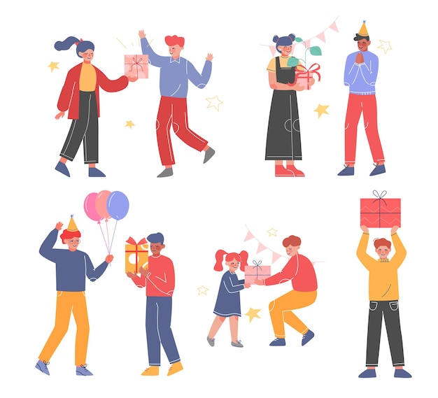 Gente celebrando fiestas de cumpleaños, Navidad o Año Nuevo, vacaciones, adolescentes entregando cajas de regalos y divirtiéndose juntos Ilustración vectorial de dibujos animados