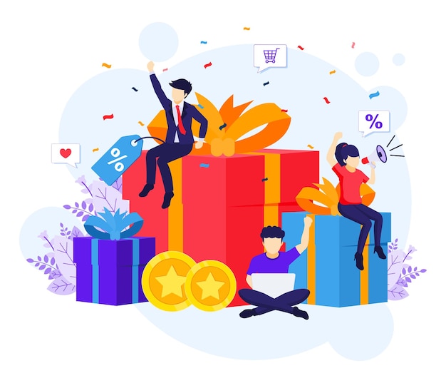 Gente cerca de grandes cajas de regalo y descuentos.