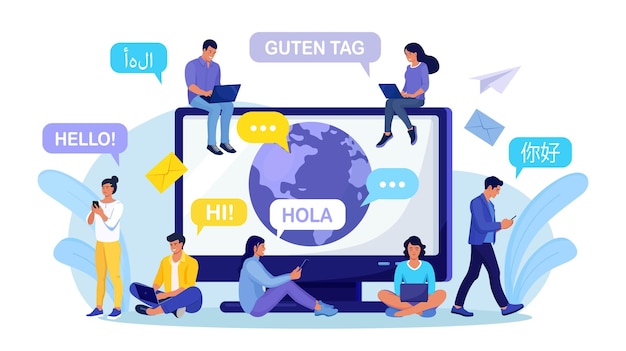 Gente charlando en idiomas extranjeros, usando laptop, teléfono. Saludo multilingüe. Hola en diferentes idiomas. Diversas culturas, comunicación internacional. Planeta tierra en la pantalla de la computadora