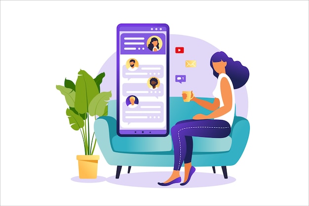 Gente charlando en la pantalla del teléfono inteligente, concepto de ilustración de relación virtual. Aplicación de citas o concepto de chat.