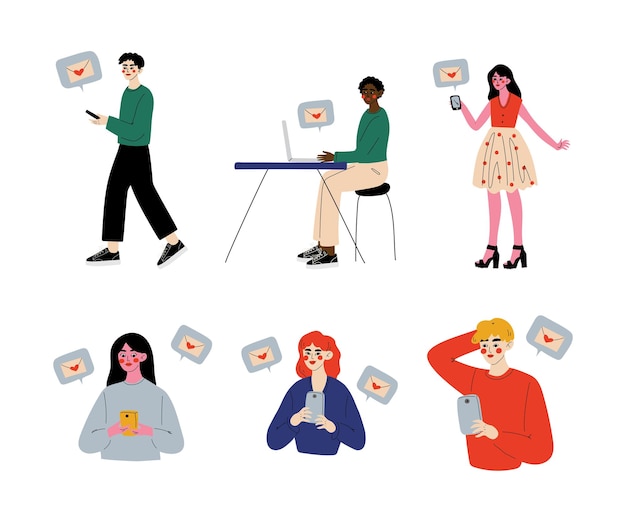La gente chateando en línea en sus teléfonos inteligentes y computadoras establece hombres y mujeres jóvenes enviándose mensajes el uno al otro ilustración vectorial de dibujos animados
