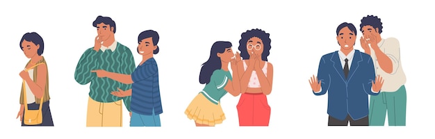 Gente chismeando, susurrando mientras señala a la niña triste que pasa, ilustración aislada vectorial plana. Personajes masculinos y femeninos que difunden rumores.