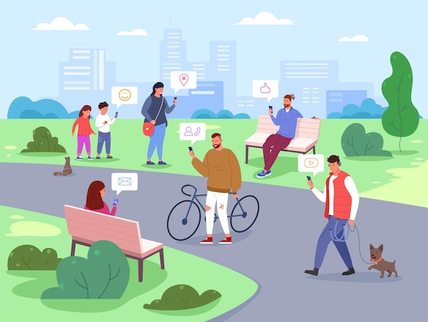 La gente de la ciudad usa teléfonos inteligentes Muchos humanos que usan teléfonos móviles en la calle tecnología en línea inteligente multitud de amigos enviando mensajes de texto de Internet estilo de vida digital vector chillón