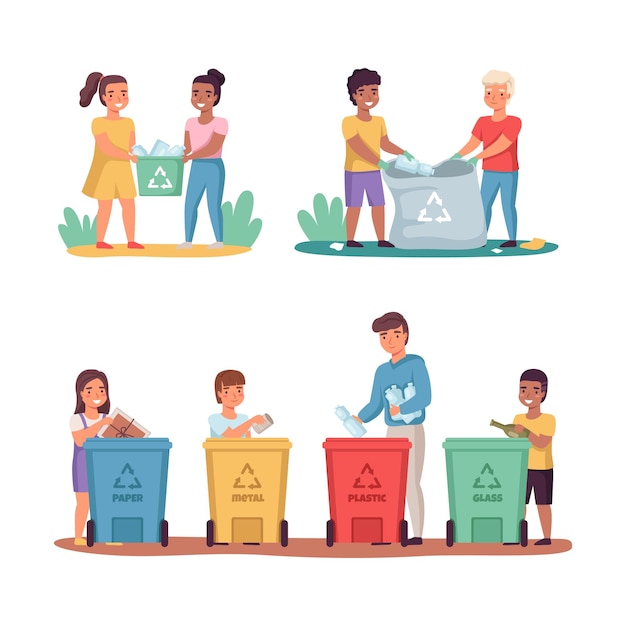 Vector la gente clasifica la basura limpiar la basura al aire libre disponer contenedores de colores niños y niñas responsables cuidado de la naturaleza contaminación ambiental rechazar la reutilización y el reciclaje salvar el conjunto de dibujos animados vectoriales de la tierra