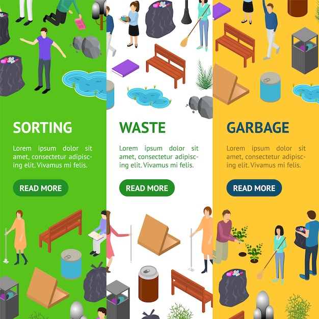 Gente clasificando basura basura concepto pancarta vectorial conjunto 3d vista isométrica vector