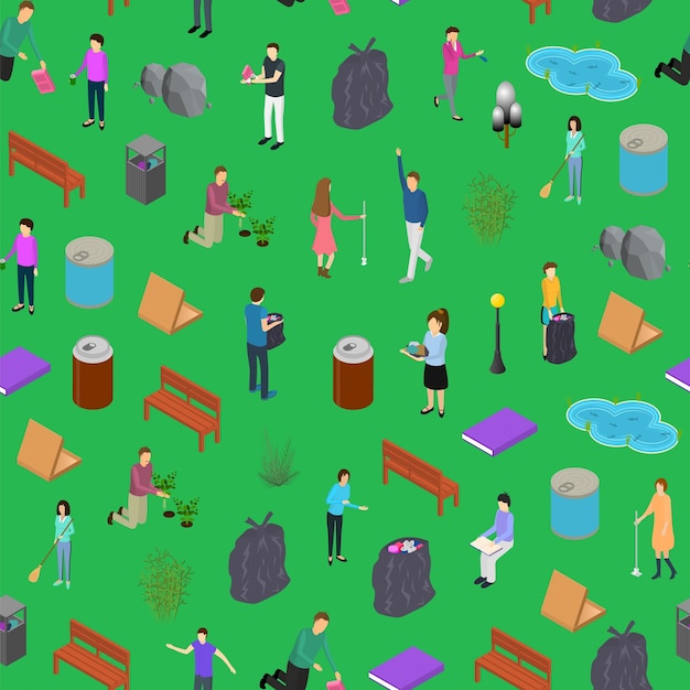 Gente clasificando basura basura concepto patrón sin costuras fondo 3d vista isométrica vector