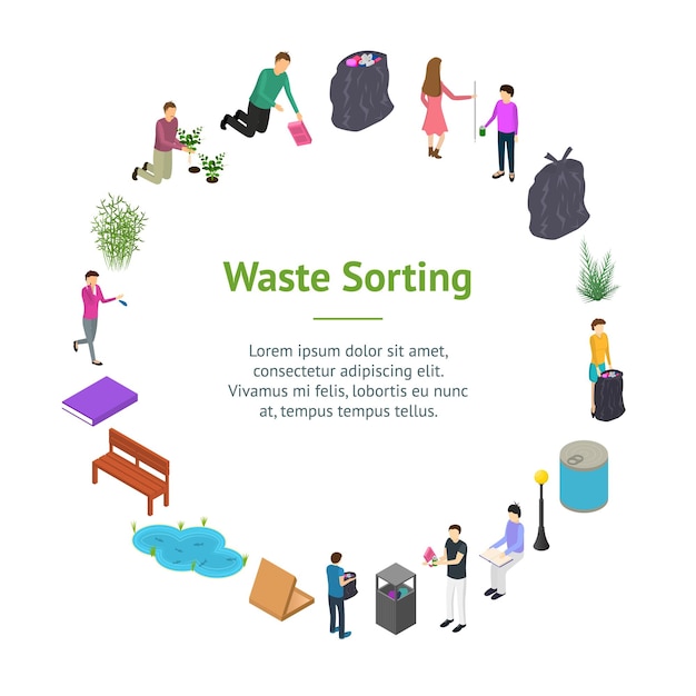 Gente clasificando basura basura concepto tarjeta de pancarta círculo 3d visualización isométrica vector