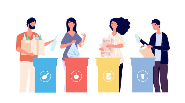 Gente clasificando basura. Basura reciclable en diferentes contenedores. Reciclaje del concepto de vector ecológico. Reciclar basura y basura, ilustración de segregación de plástico