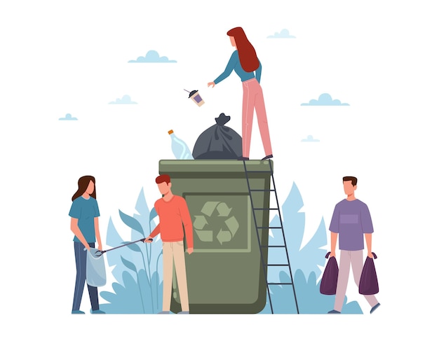 Gente clasificando basura. Pequeños hombres y mujeres con un gran contenedor, los activistas ecológicos separan la basura en el bote, el planeta limpio, la contaminación protegen el reciclaje de residuos concepto de dibujos animados de vector plano aislado ilustración