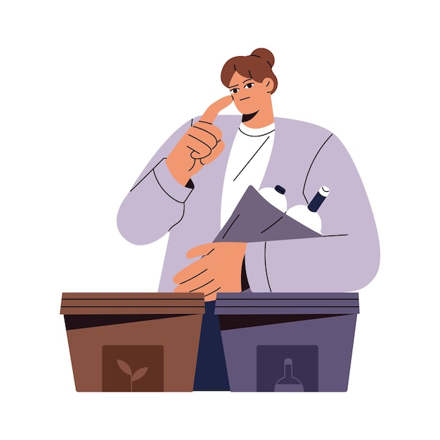 Gente clasificando basura separando basura tirando basura Mujer con botellas de plástico pensando en segregar residuos Vida sostenible reciclar desechos reutilizar Ilustración de vector aislado plano en blanco