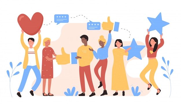 La gente del cliente revisa la ilustración del vector, los personajes felices planos del hombre o de la mujer de la historieta que llevan a cabo el corazón y el concepto de las estrellas de la calificación aislado en blanco