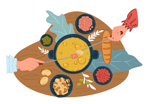 Gente cocinando y comiendo olla caliente china. Amigos que usan brochetas para hervir los ingredientes en la mesa. Platos de restaurante, cenas o almuerzos de personajes de citas. Salsas y pan. Vector en estilo plano
