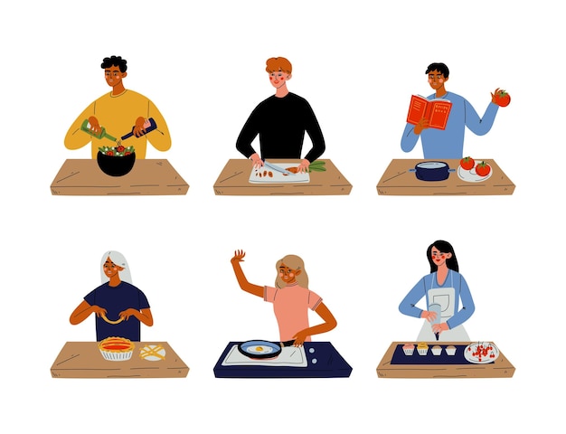 Gente cocinando en el conjunto de cocina Hombres y mujeres preparando platos sabrosos ilustración vectorial de dibujos animados