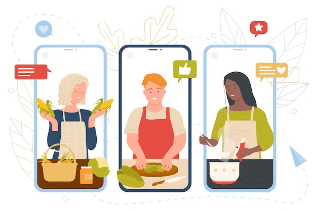 Gente cocinando en línea en las pantallas de los teléfonos móviles chef sosteniendo vegetales en rodajas