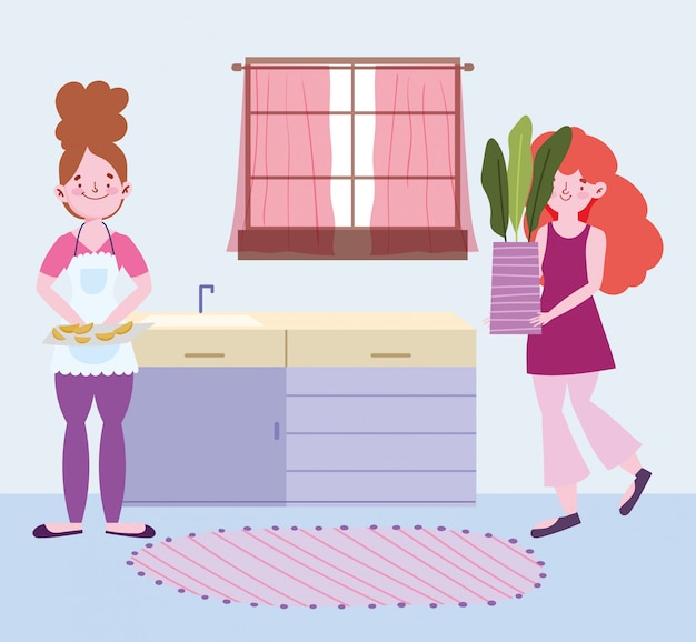 Gente cocinando, mujer con comida en tabla de cortar y niña con planta en maceta en la cocina