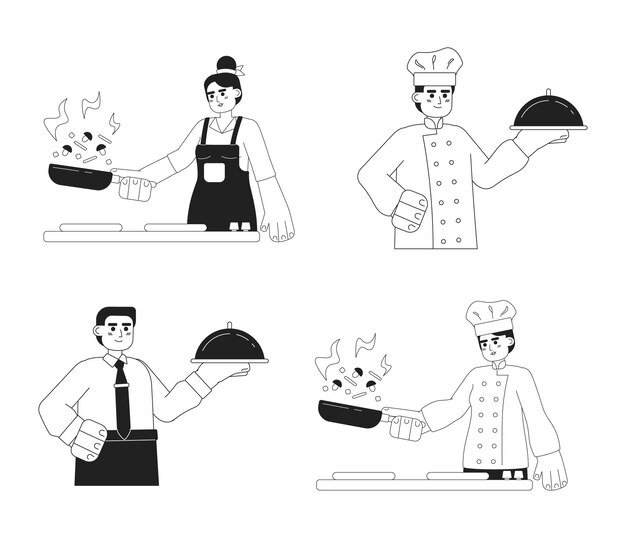 Gente cocinando personajes de vectores planos monocromáticos Medio cuerpo editable de macho y hembra en blanco Servicio de comida Paquete de imágenes de dibujos animados bw simple para diseño gráfico web