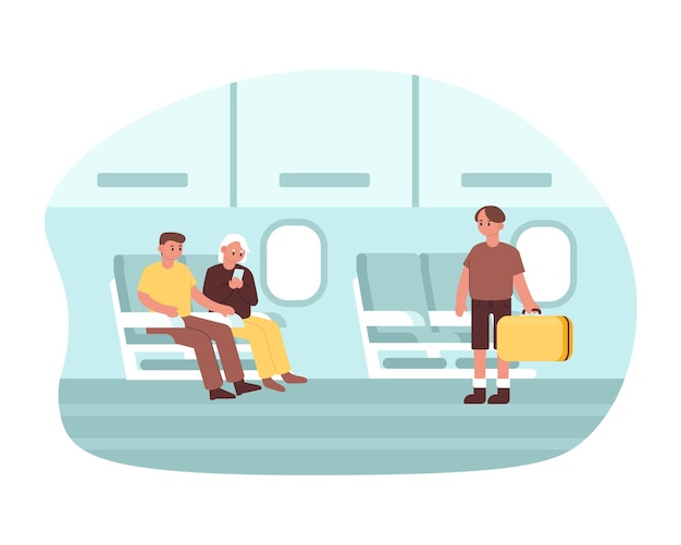 Vector gente de color yendo al aeropuerto para el próximo viaje tiempo para viajar al extranjero usando avión turistas y viajeros esperando la salida ilustración de estilo plano vectorial