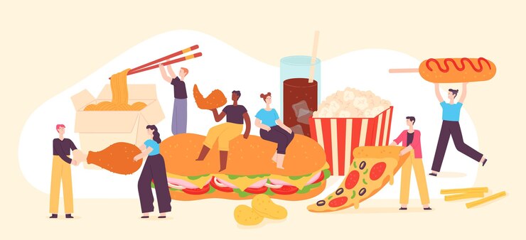 Vector la gente come comida rápida. los hombres y mujeres diminutos disfrutan de la comida chatarra, la pizza, las palomitas de maíz, las patatas fritas y el pollo frito. concepto de vector de comida de sabroso café de la calle. ilustración de comida rápida, carácter comer nutrición