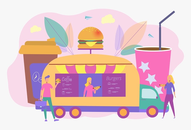 La gente come hamburguesas y perritos calientes en la calle Comida rápida sobre ruedas Comida callejera comida urbana festival de camiones concepto de comida callejera Ilustración vectorial colorida