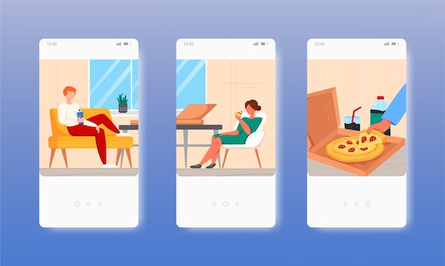 La gente come pizza, bebe refrescos, comida rápida, entrega a domicilio, pantallas de aplicaciones móviles, plantilla de banner de sitio web vectorial