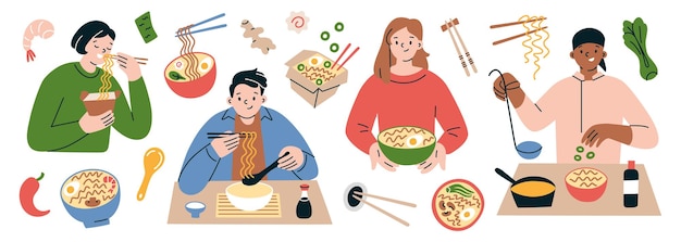Gente comiendo y cocinando ramen ilustraciones vectoriales de fideos asiáticos colección de personajes con