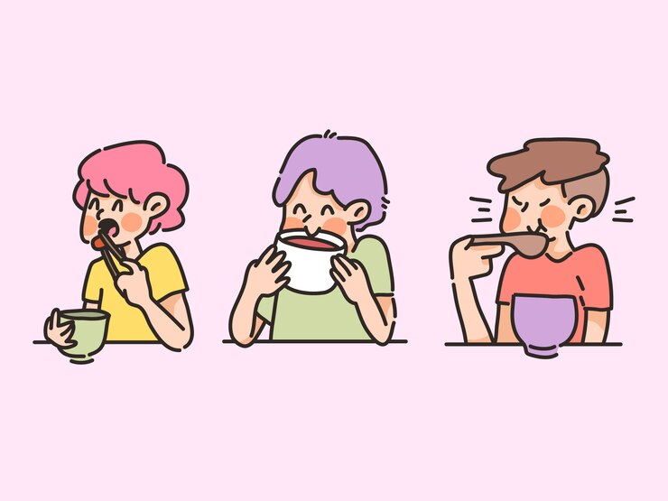 Vector gente comiendo comida sopa feliz comida sana linda colección de ilustraciones de dibujos animados