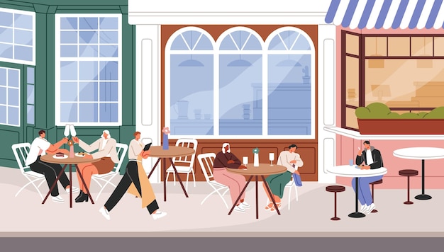 Gente comiendo en la terraza de verano del restaurante Clientes sentados en mesas de cafetería europeas esperando pedidos al aire libre Personajes afuera en el patio de la cafetería Las fachadas de las calles de la ciudad Ilustración vectorial plana
