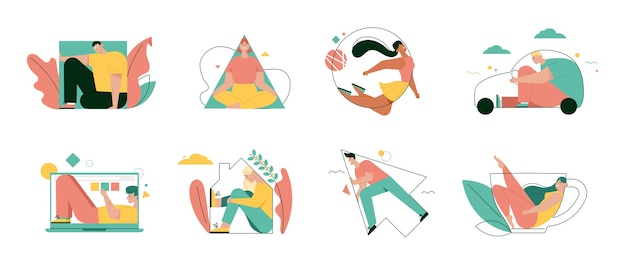 La gente completa varias formas aisladas. Ilustración de personaje de vector de casa, trabajo, metáfora de movimiento