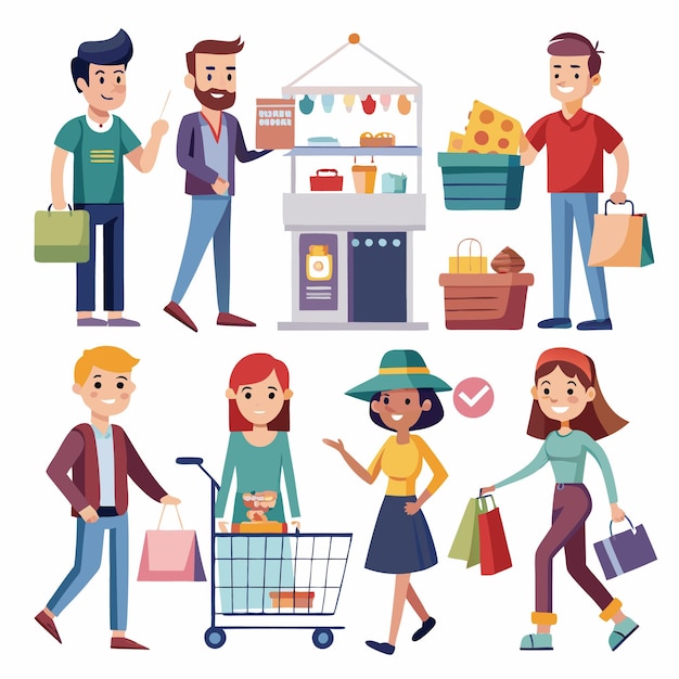 La gente compra en los puestos del mercado con bolsas y carros