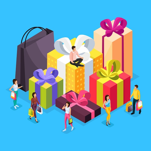 La gente compra regalos con paquetes brillantes para las vacaciones.