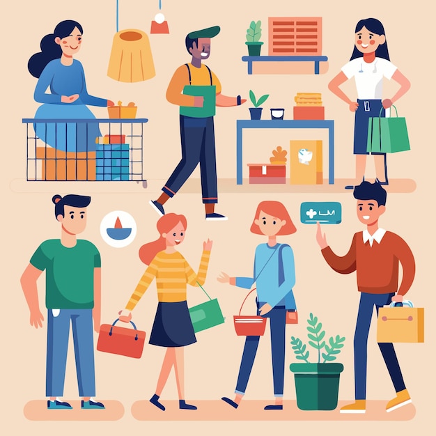 La gente compra en una tienda con varios productos y plantas