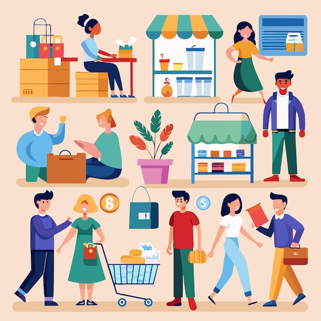 La gente compra en tiendas con una variedad de productos