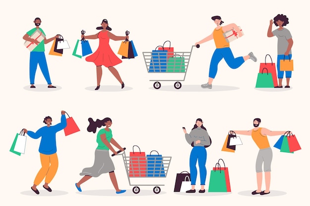 Gente comprando en diseño plano Hombres y mujeres con bolsas y carros compradores haciendo compras en supermercados tiendas o centros comerciales Paquete de diversos personajes Ilustración vectorial personas aisladas para web