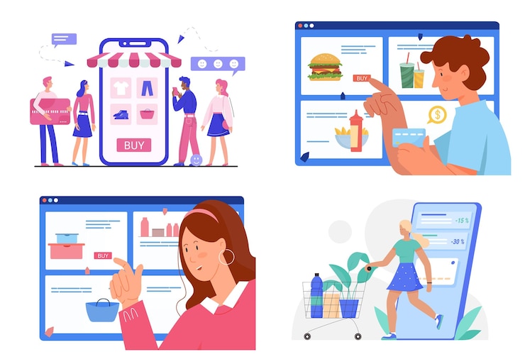 Vector gente comprando en línea set mujer hombre personajes eligiendo productos de comestibles o ropa