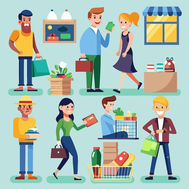 Gente comprando en la tienda con bolsas, carros y productos