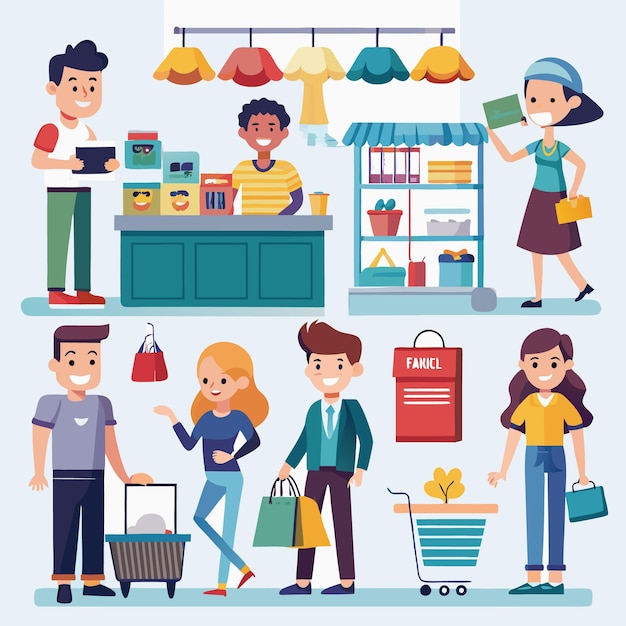 Gente comprando en una tienda con bolsas y carros