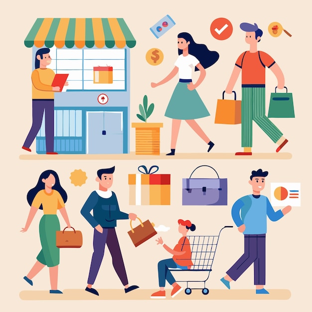 Gente comprando en una tienda con bolsas y regalos