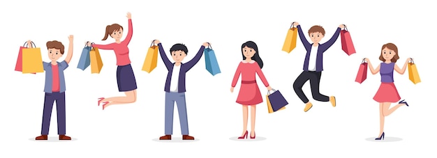 gente, compras, gente, con, bolsas de compras, vector, ilustración