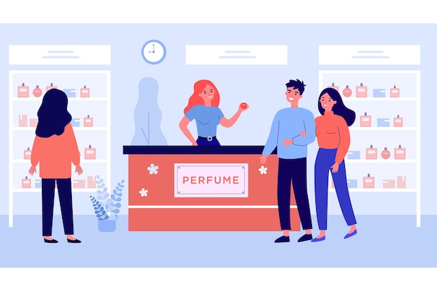 Gente de compras en la ilustración de vector plano de tienda de perfumes. Chica joven mirando el escaparate mientras la pareja feliz habla con la vendedora cerca del mostrador. Olor, aroma, compras, moda, concepto cosmético.